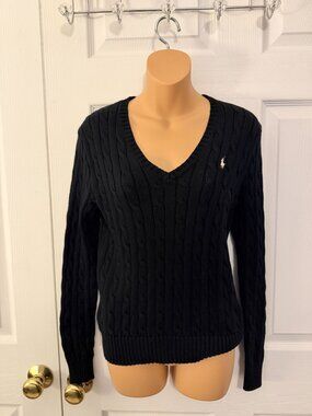 Polo Ralph Lauren Womens Black Cable Knit V-neck Sweater Size M